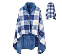 beifon Poncho para Mujer Forro Polar Manta Sudadera Cuadros Cálida Capa Envoltura del Mantón con Botones Ponchos y Capa Térmica para Mujer y Chica Invierno, 100X140cm (Azul)