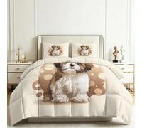 Beige - Edredón de 4 estaciones, 140 x 200 cm, juego todo en uno, con 2 fundas de almohada, edredón integrado de microfibra transpirable, impresión 3D y acolchado rombo - Acuarela Animales Shih Tzu