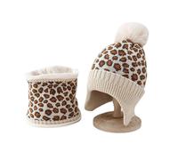 (Beige) Women Knit Hat and Scarf Winter Leopard Warm Print Fashion Pompom Ball Hat Ear for Protection Supplies for Outdoor Sport White