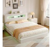 Beiges Samt-Kopfteil-Bett mit Stauraum und -Lichtleiste an Kopf-/Fußende Hydraulisches Bett 140x200 cm