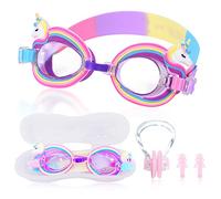 BEIIEB 1 par de gafas de natación en caja con 1 juego de clip para la nariz para tapones para los oídos, gafas de natación de dibujos animados, antivaho, anti UV, para niños, adolescentes