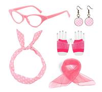 BEIIEB Accesorios de ropa de la década de 1950, gafas con incrustaciones de diamantes, diadema rosa, bufanda de lunares, pendientes vintage, guantes de rejilla, fiesta temática vintage (rosa)