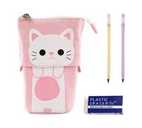 BEIIEB Estuche retráctil con cremallera, estuche para niña con 2 lápices eternos y 1 goma de borrar, diseño de gato de dibujos animados rosa, Rosa., Lindo