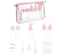 BEIIEB Juego de 16 botellas de viaje rosas, recipientes de plástico a prueba de fugas para líquidos, champú, gel corporal, crema cosmética