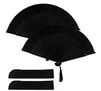 BEIIEB - Juego de 2 abanicos plegables de seda de bambú para hombres y mujeres, abanicos de Tai Chi, ideal para fiestas, danzas, cosplay, decoración del hogar, etc. (con bolsa de ventilador)