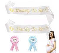 BEIIEB Juego de 4 decoraciones para baby shower, suministros de fiesta de bebé, insignia de satén para mamá y papá para ser
