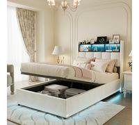 BEIJIALY 1 cama acolchada 90 x 200 cm, con espacio de almacenamiento hidráulico, 90 x 200 cm, con LED, cama individual con espacio de almacenamiento, cama funcional para adultos, sin colchón