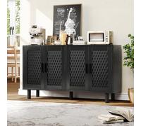 BEIJIALY Aparador con estantes ajustables, cómoda moderna con 4 puertas, armario de ratán de imitación para comedor, salón y dormitorio, comedor, oficina, negro, 140 x 40 x 80 cm