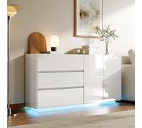 BEIJIALY Aparador de 160 cm para salón, armario alto brillante con 2 puertas, 3 cajones y LED Buffet, armario de cocina, armario de salón, TV, armario bajo para comedor y pasillo, color blanco