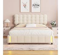 BEIJIALY - Cama tapizada, 160 x 200 cm, con almacenamiento e iluminación LED con sensor, cama baúl hidráulico, marco de camas de leche, cabecera de camas de terciopelo, sin colchón, color beige