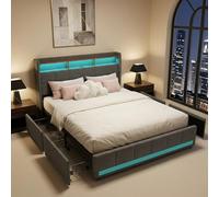 BEIJIALY Cama tapizada de 140 x 190 cm, cama juvenil con cabecero acolchado, cama doble con LED y 4 cajones, marco de cama con somier, ideal para habitaciones juveniles y habitaciones modernas, lino