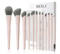 BEILI Juego de 12 brochas de maquillaje profesionales rosas densas para base, polvo, contorno y mezcla de ojos, kit completo de brochas cosméticas de cara completa con elegante almacenamiento