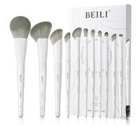 BEILI Juego de brochas de maquillaje rosa y 12 brochas veganas para base de polvo, corrector, cejas, sombra de ojos, contorno, delineador de ojos, difuminador (Blanco)