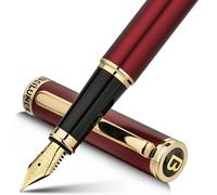 BEILUNER Estilográfica de Lujo, Lacado Piano con Detalles y Plumín Dorados 24K, Regalo Confiable con Convertidor para Él y Ella, Pluma Elegante - Rojo y Oro, Plumín Fino