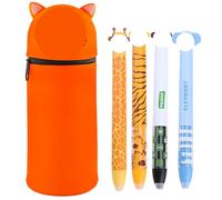 Beinup Kawaii Estuche Escolar de Silicona Blanda 2 en 1, Estuche Vertical de Tigre con 4PCS Bolígrafo de Gel borrable, Estuche Vertical, Bolígrafos de Gel borrables, Regalo Escolar para Niños Niñas