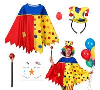 Beipegin 5 Piezas Disfraz Payaso Mujer Adulto, Disfraz Circo, Diadema con Sombrero de Payaso, Poncho, Bastón, Pegatinas para la Cara y Nariz que Suena para Fiesta de Halloween y Carnaval