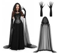 Beipegin Capa Negra con Capucha y Guantes con Garras Disfraz Bruja Vampiro Adulto Disfraz Muerte Disfraces Halloween Mujer