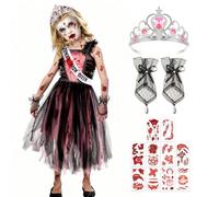 Beipegin Disfraz Novia Cadaver Niña,Disfraz Zombies Novia Fantasma Vestido Corona Guantes para Disfraces Halloween Día de los Muertos Carnaval Infantil