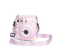 BeisDirect Mini12 - Funda transparente para cámara Instax Mini 12, funda protectora rígida de transporte de cristal, correa adhesiva y correas para el hombro, Pink, Funda de transporte