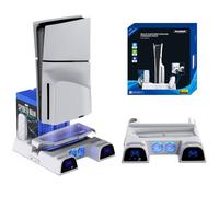 BeisDirect Soporte para PS5 con ventilador de refrigeración PS5 para Playstation 5/PS5 Slim, soporte vertical delgado PS5 con controlador PS5, estación de carga y 11 ranuras de juego + control remoto