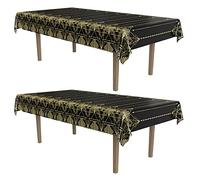 Beistle 2 manteles rectangulares Desechables de plástico Elegantes de los años 20, Suministros de decoración de Fiesta temática de Gatsby, 54 x 108 Pulgadas, Negro/Dorado