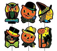 Beistle 6 letreros de jardín de Halloween vintage de plástico corrugado de 32,4 x 25,4 cm con postes de metal, decoración retro de césped de otoño para exteriores, fabricados en EE. UU. desde 1900
