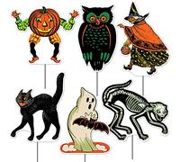 Beistle 6 letreros de plástico corrugado vintage para Halloween con estacas, decoraciones resistentes para césped al aire libre, accesorios de fotos para fiestas