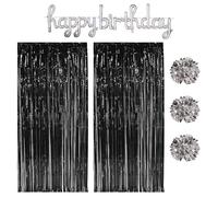 Beistle Paquete de telón de fondo de cumpleaños negro y plateado - Serpentina de globos de aluminio "Happy Birthday", 3 bolas metálicas y 2 cortinas con flecos, 8 x 3 pies, decoración de pared para