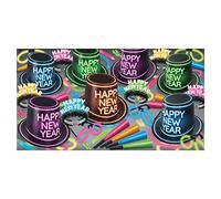 Beistle Surtido de fiesta de Año Nuevo reactivo con luz negra brillante para 50 personas con accesorios iluminados, accesorios y recuerdos de cabina de fotos NYE