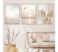 BeiYiHo 3 Cuadro Decoración de Pared Beige Póster Natural Dormitorio 30x40 Cartel Mural Pampas Mar Playa Paisaje Impresión en Lienzo Foto Arte Póster Boho Cuadro de Pared Deco Zen Salón sin Marco