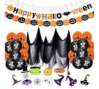 BEJAGWUS Juego de decoración interior de Halloween 2025, 20 globos de Halloween + guirnalda Happy Halloween + 12 accesorios de caja de fotos + gasa de fondo, decoración de terror para fiesta Helloween