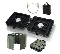 Bekasa Estufa de camping de gas portátil de 2 quemadores, 2 x 2200 W, estufa de campamento plegable con protector contra el viento, estufa de gas portátil ligera con asa, quemadores ajustables para