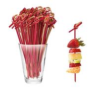 Bekecidi Palitos de Cóctel de Bambú, 100 Brochetas de Nudo de Bambú, Mini Picas de Alimentos, Palillos de Frutas, Palillos de Bambú para Bebidas, Canapés, Aperitivos, Fiesta 12 cm (Rojo)