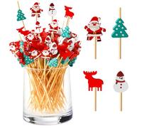 Bekeify 200 Piezas Palillos de Cóctel Madera con Cuatro Patrones Navideños, 12cm Palillos de Dientes de Cóctel para Aperitivo, para Frutas Sándwich de Cóctel Suministros Fiestas de Navidad