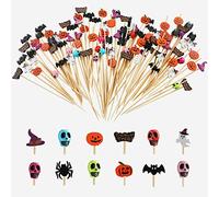 Bekeify 200 Pzas Halloween Palillos de Cóctel 12 cm Brochetas de Frutas Palitos de Cóctel de Madera Brochetas para Picoteos Palillos Decorativos Cráneo Calabaza Murciélago Halloween Pinchos