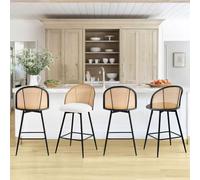 Bekrvio Juego de 4 taburetes giratorios de bar, de ratán con respaldo de 150 kg, color blanco, 65 cm de altura del asiento con patas de metal, juego de 2 herramientas para cocina, bar y salón