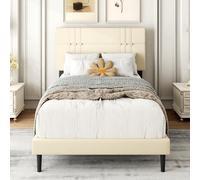 Bekusu Marco de cama individual tapizado con cabecero ajustable y listones de madera resistentes, diseño antideslizante y sin ruido, no necesita somier, fácil montaje, color beige
