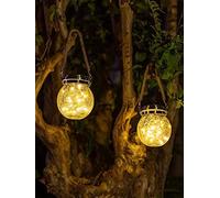BEL AIR HOME Pack 2 Colgantes Solares de Cristal IP65, luz LED 3000K cálida, sensor automático, 30 LEDs, baterías incluidas, decoración exterior jardín, porche, terraza, camping, camper