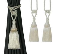 BEL AVENIR Alzapaños de cortina tejidos a mano para cortinas, alzapaños decorativos con borlas (color crema, paquete de 2)