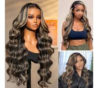 Belaved Peluca de cabello humano con encaje frontal degradado, rubio miel con raíces negras, 13 x 4, HD, transparente, ondulado, 1B/27, peluca de cabello humano prearrancado, densidad 180, sin