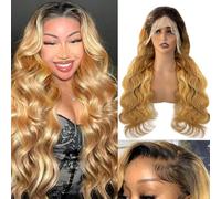 Belaved Peluca de cabello humano con encaje frontal degradado, rubio miel con raíces negras, 13 x 4, HD, transparente, ondulado, 1B/27, peluca de cabello humano prearrancado, densidad 180, sin
