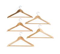 Beldray LA034276FEU7 Perchas de Madera - Paquete de 5 Resistentes, Multiuso con Barra para Pantalones, Organiza Armario, Resistente y Duradero, Madera con certificación FSC®, Natural