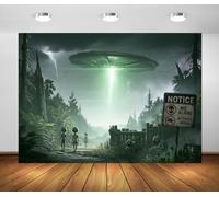 BELECO 1.5x1.2m Fondo de Tela OVNI Sci Fi Invasión Alienígena | Platillo Volante Alienígenas Zona Restringida Noche Tormentosa Fondo Halloween Sci Fi Decoración Fiesta Banner Foto