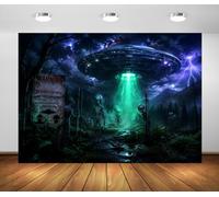 BELECO 2.1x1.5m Fondo de Tela OVNI Zona Alienígena Restringida | Platillo Volante Rayo Alienígena Zona Advertencia Noche Tormentosa Fondo Sci Fi Decoración Fiesta Halloween Foto