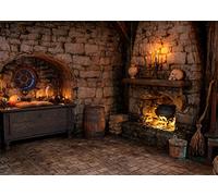 BELECO 2.1x1.5m Tela Espeluznante Cabaña de Brujas Telón de Fondo Halloween Habitación Mágica Bruja Cocina Chimenea Poción Mágica Libros Vela Calaveras Hechicero Fotografía Fondo