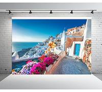 BELECO 2.1x1.5m Tela Grecia Isla Santorini Telón de Fondo Casas Blancas Arquitectura Romántico Mar Egeo Flores florecientes Fondo para cumpleaños Boda Fotografía Grecia Fiesta Decoraciones