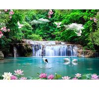 BELECO 2.1x1.5m Tela Hermoso Bosque Lago Cascada Telón De Fondo Selva Bosque Árboles Cascada Naturaleza Telón De Fondo Verde Agua Grúa Paloma Blanca Flores De Loto Primavera Jardín Fondo