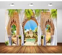BELECO 2.1x1.5m Tela Hermoso Egipto Fresco Telón de Fondo Pirámide del Desierto Esfinge Estilo Árabe Puerta de Arco de Jardín con Cortinas Fondo de Hojas Tropicales Decoraciones de Fiesta de Egipto