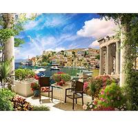 BELECO 2.1x1.5m Tela Italia Fotografía Telón de Fondo Toscana Jardín Terraza Vista de la bahía mediterránea Paisaje de la Ciudad Costera Flores de Primavera Columnas Romanas Fondo Italiano