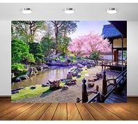 BELECO 2.1x1.5m Telón de Fondo de jardín japonés de Tela, Flores de Cerezo florecientes, árboles de Sakura, jardín, Patio, río, Paisaje de Primavera, Fondo, Decoraciones de Fiesta japonesas